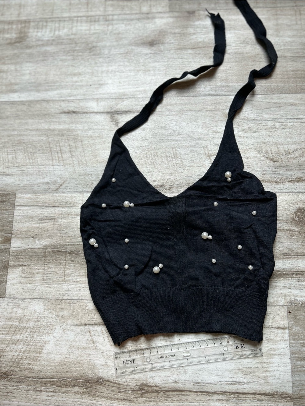 Women’s Pearl-Embellished Black Halter Crop Top